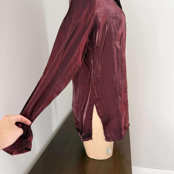 Basic Editions Women's Burgundy Metallic Button Up Shirt - Picture 2 of 6